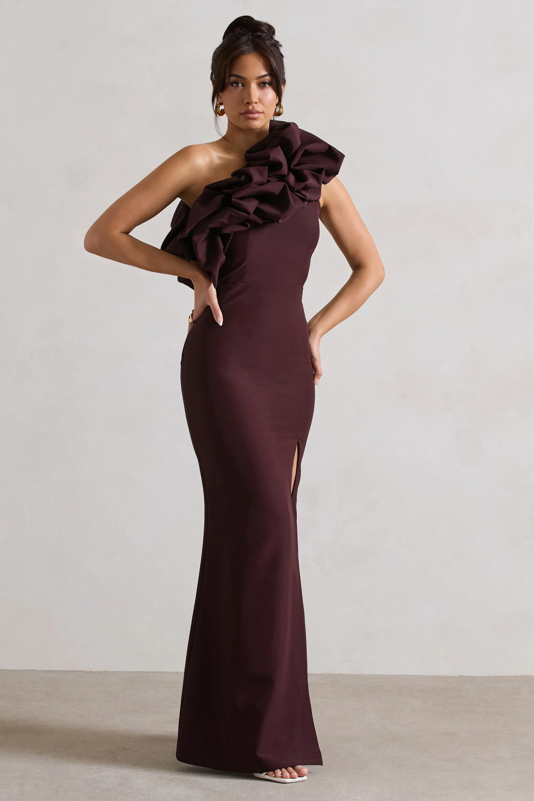 Vienne | Dark Plum One Shoulder Ruffle Split Maxi Dress