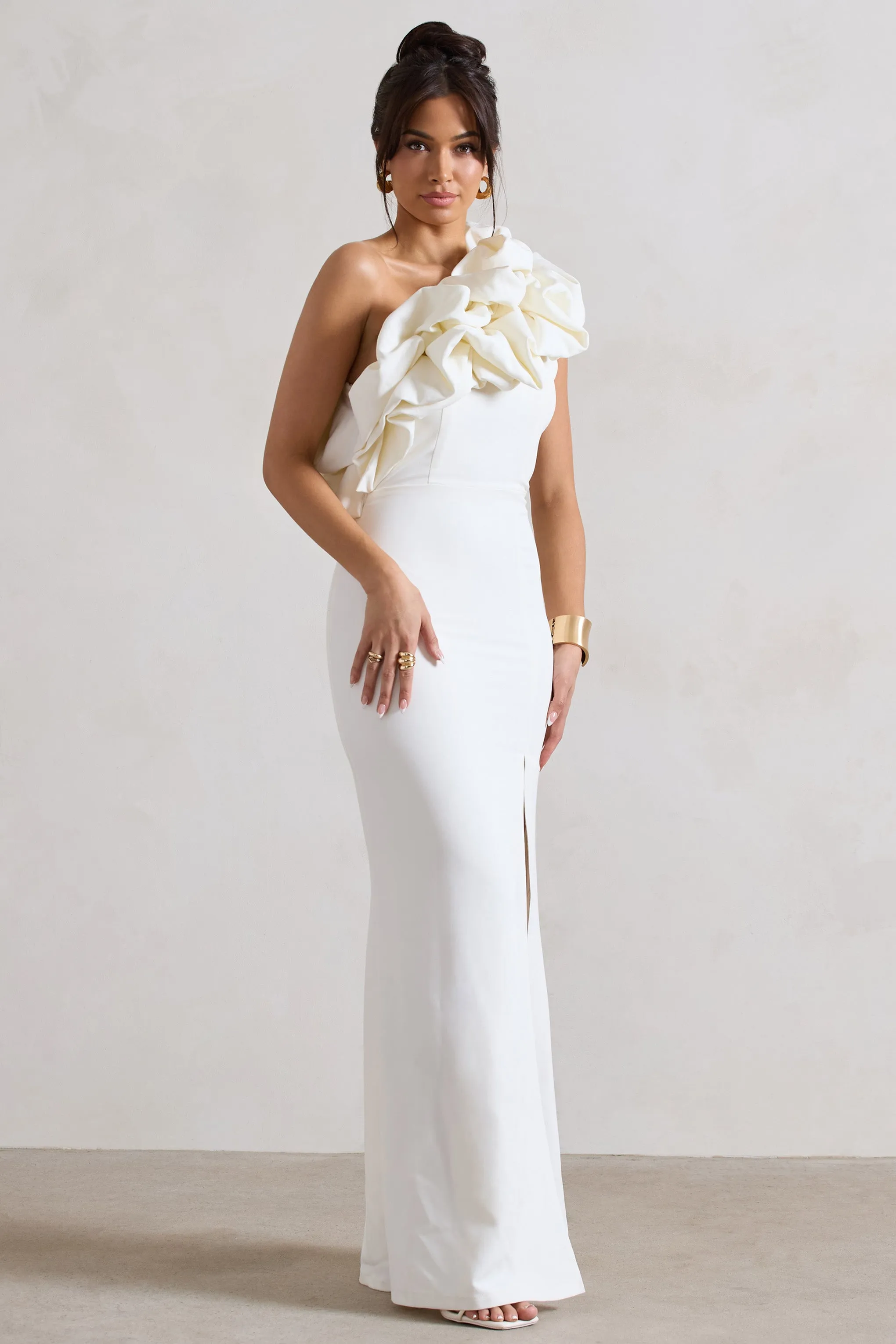 Vienne | White One Shoulder Ruffle Split Maxi Dress