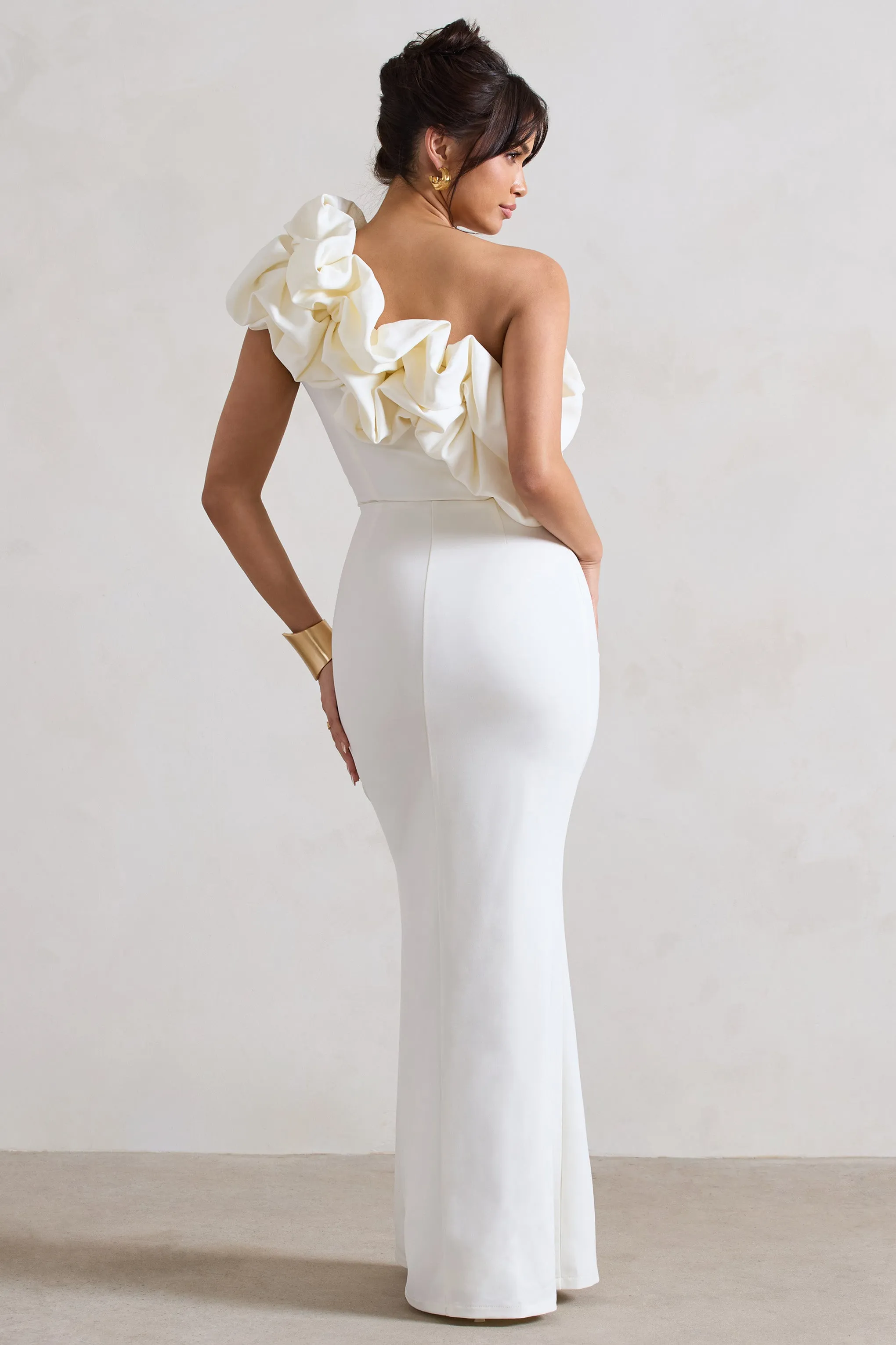 Vienne | White One Shoulder Ruffle Split Maxi Dress