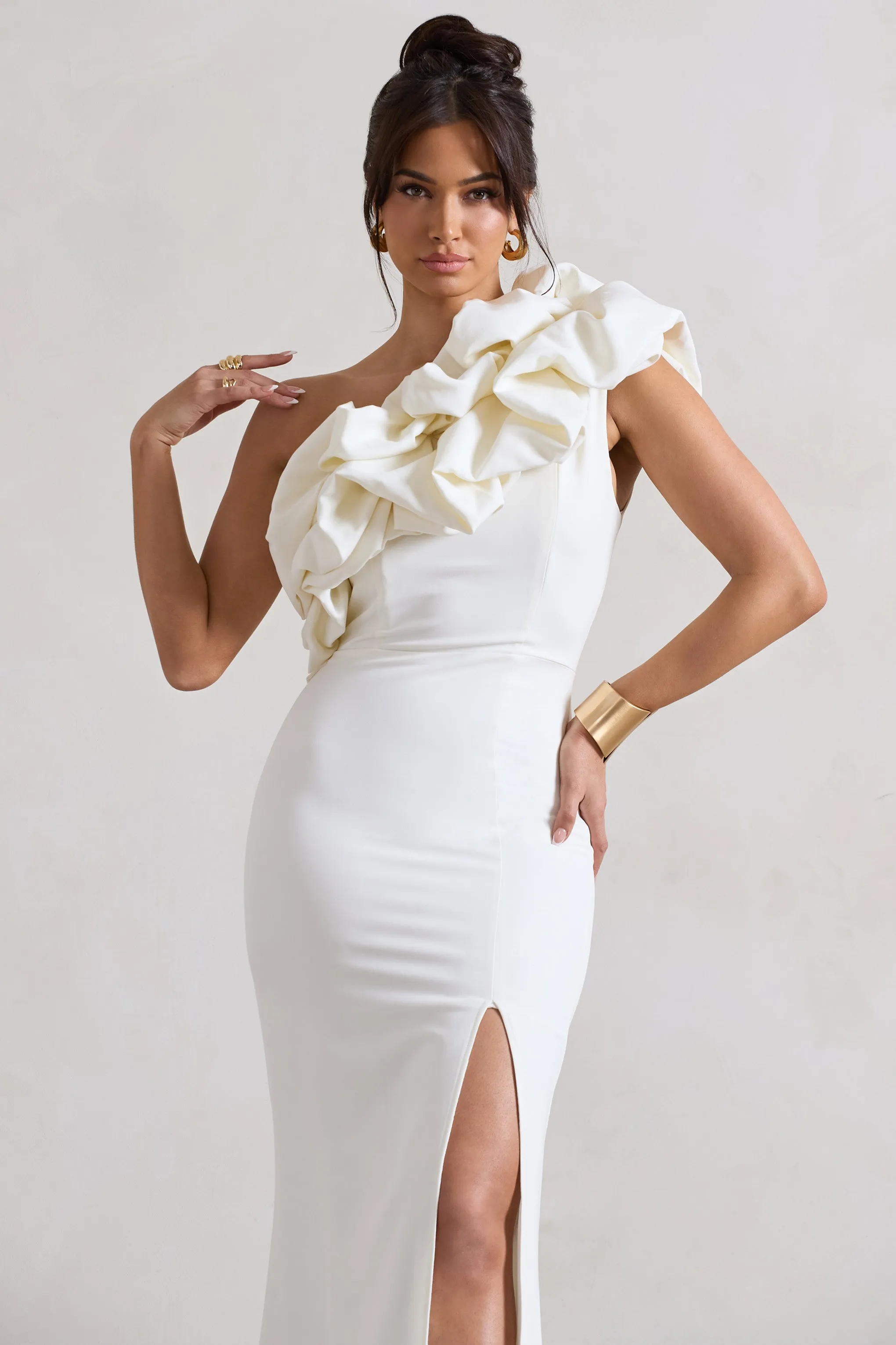 Vienne | White One Shoulder Ruffle Split Maxi Dress