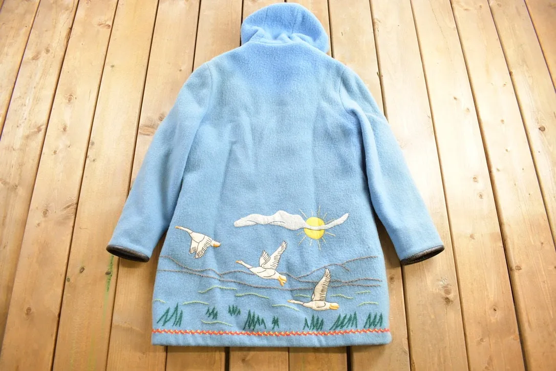 Vintage 1970s Goose Theme Embroidered James Bay Long Jacket / Fur Collar / Winter Duffle Coat / Made In Canada / Pure Virgin Wool