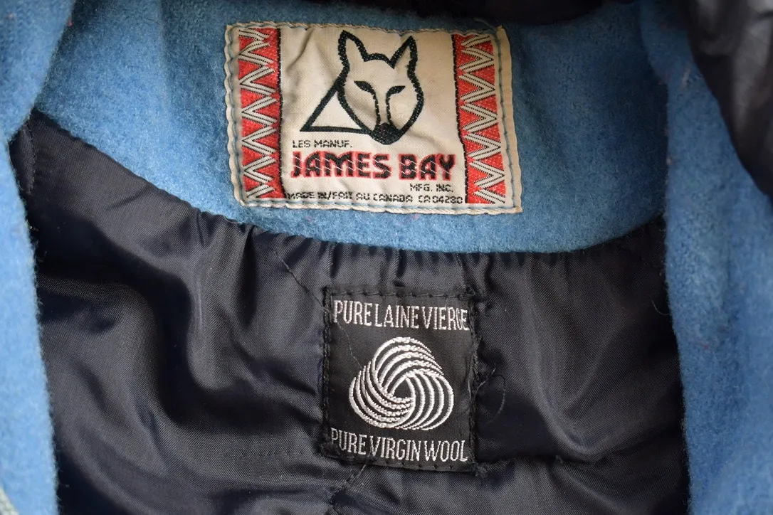 Vintage 1970s Goose Theme Embroidered James Bay Long Jacket / Fur Collar / Winter Duffle Coat / Made In Canada / Pure Virgin Wool