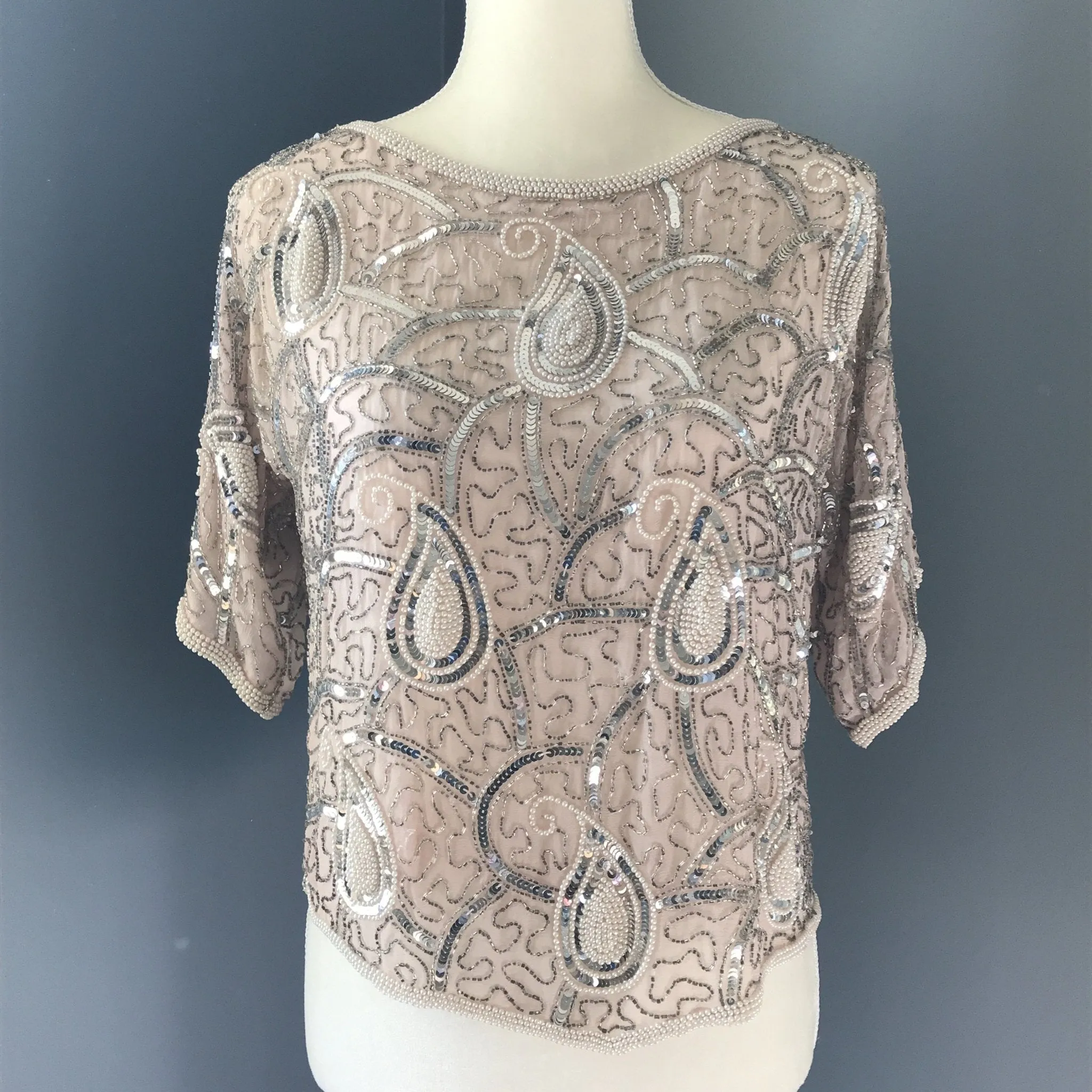 Vintage Beaded and Sequin Pink Blush Silk Blouse. Vintage Saks Fifth Avenue Evening Attire.