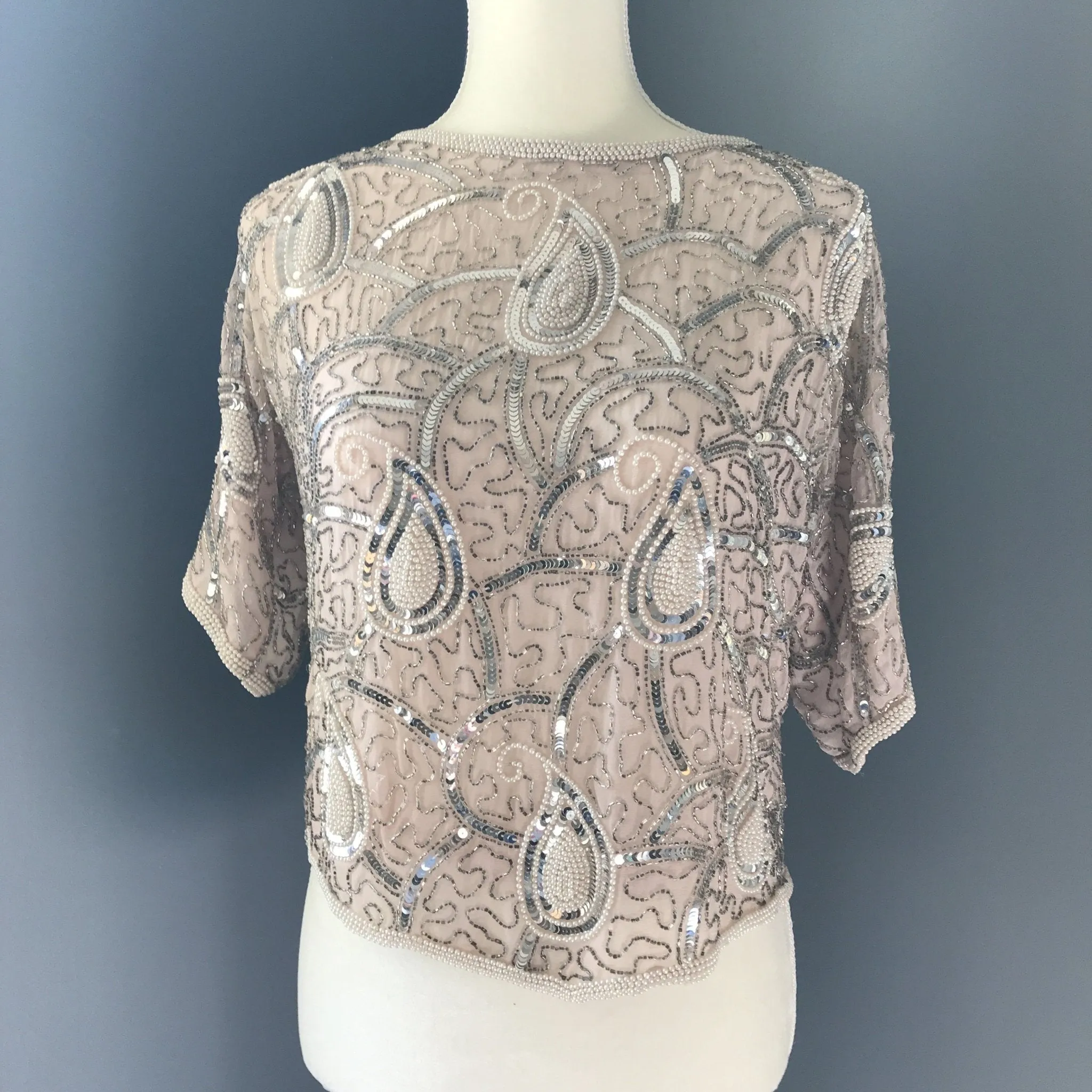 Vintage Beaded and Sequin Pink Blush Silk Blouse. Vintage Saks Fifth Avenue Evening Attire.