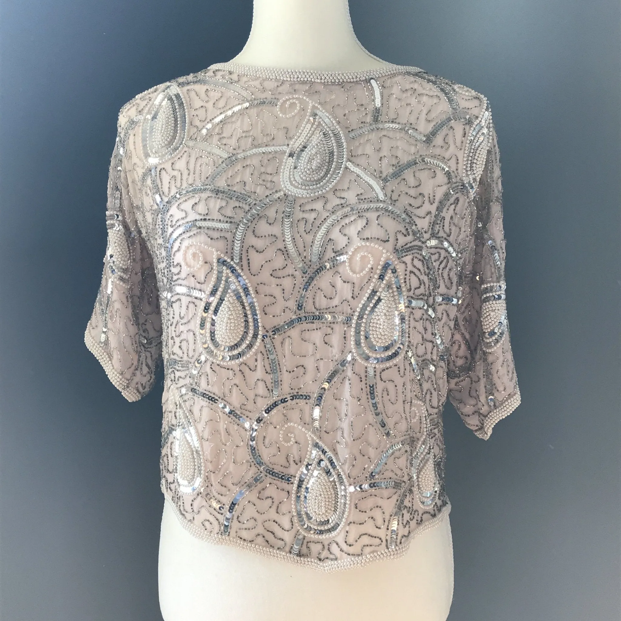 Vintage Beaded and Sequin Pink Blush Silk Blouse. Vintage Saks Fifth Avenue Evening Attire.