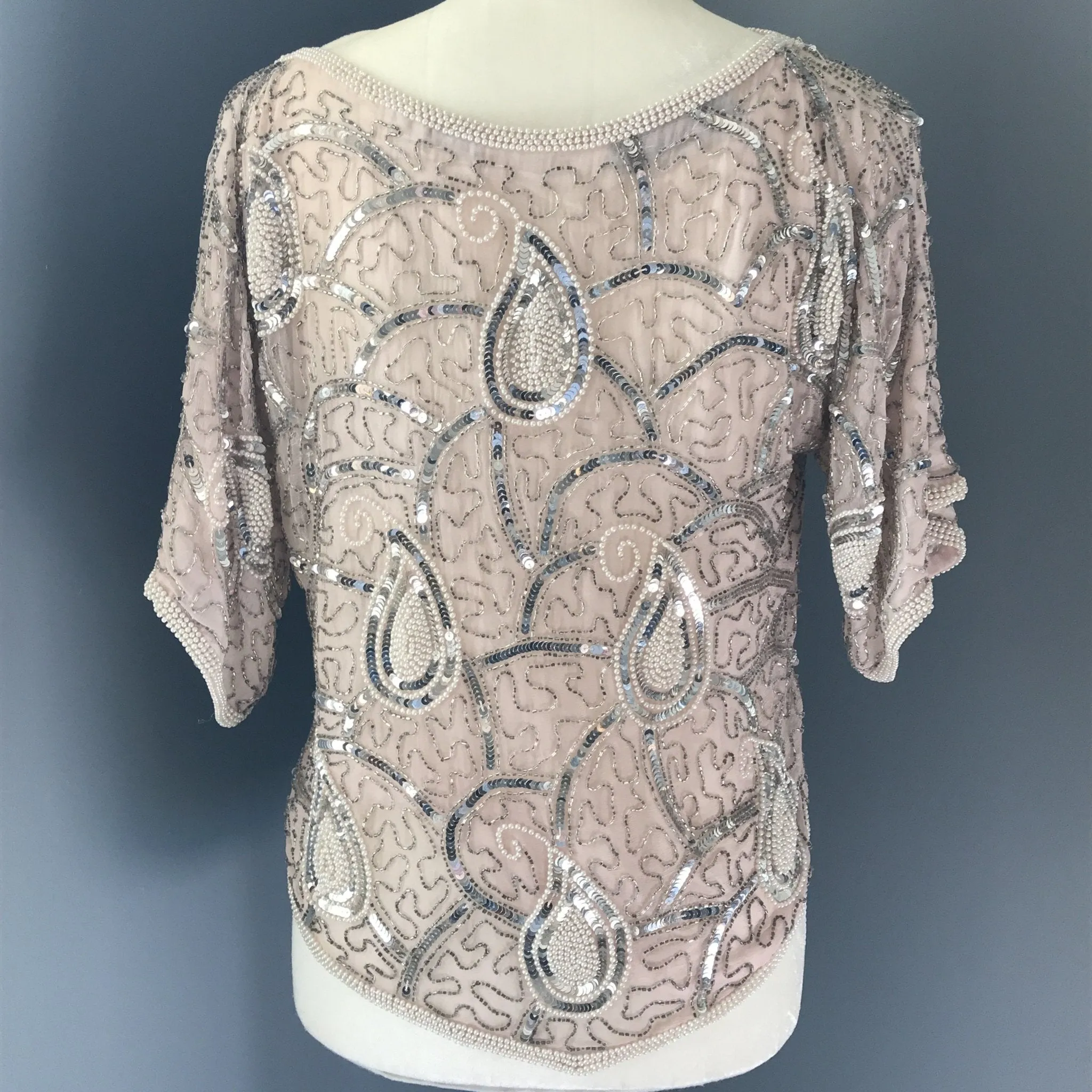 Vintage Beaded and Sequin Pink Blush Silk Blouse. Vintage Saks Fifth Avenue Evening Attire.