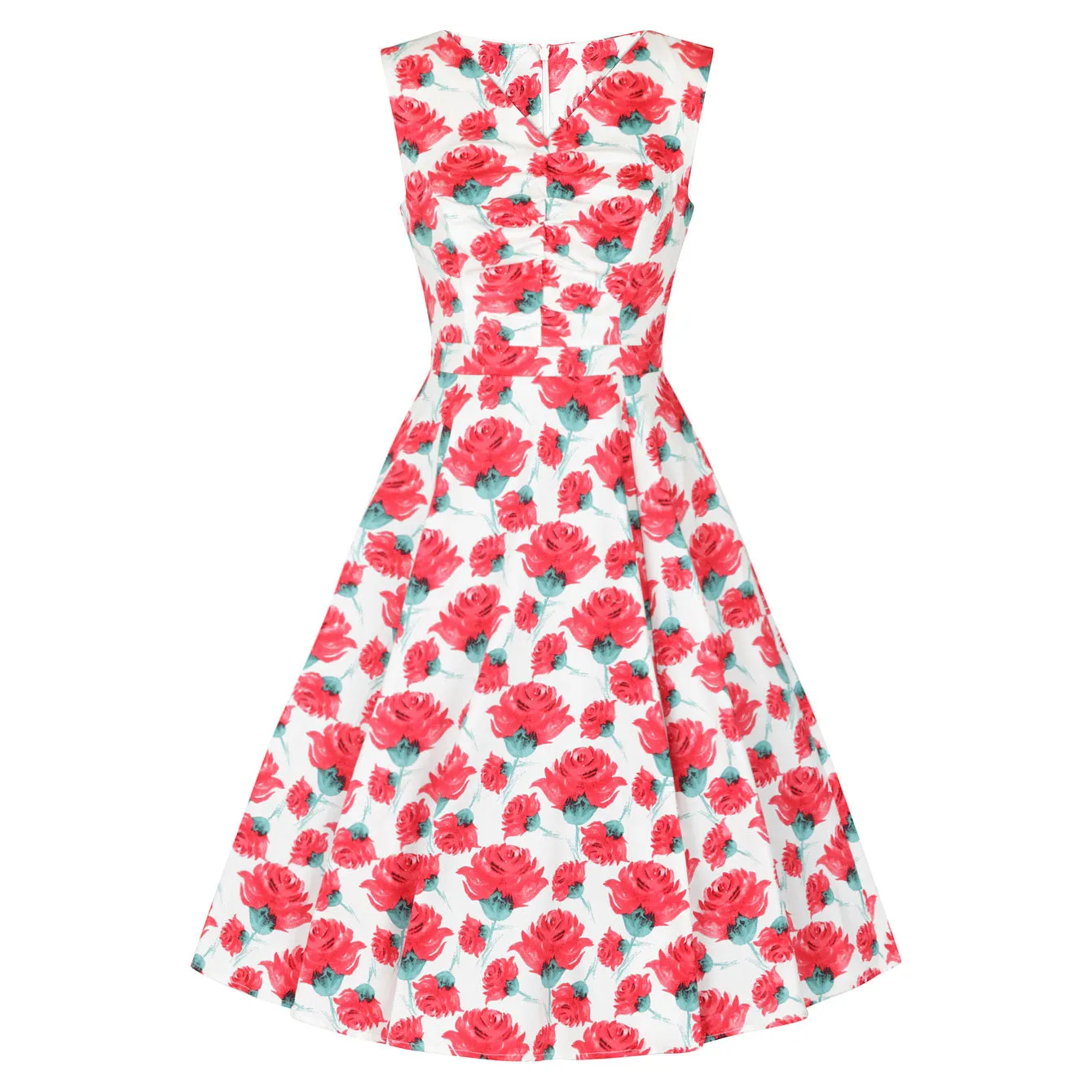 White And Red Rose Vintage V Neck Floral Print Swing Dress