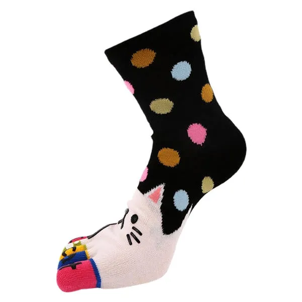 Women Cute Cartoon Cat Five Toes Socks Thick Warm Middle Tube Sock