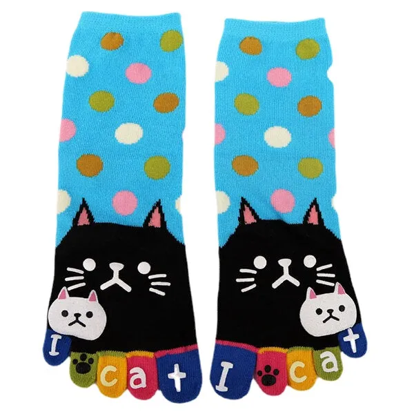 Women Cute Cartoon Cat Five Toes Socks Thick Warm Middle Tube Sock